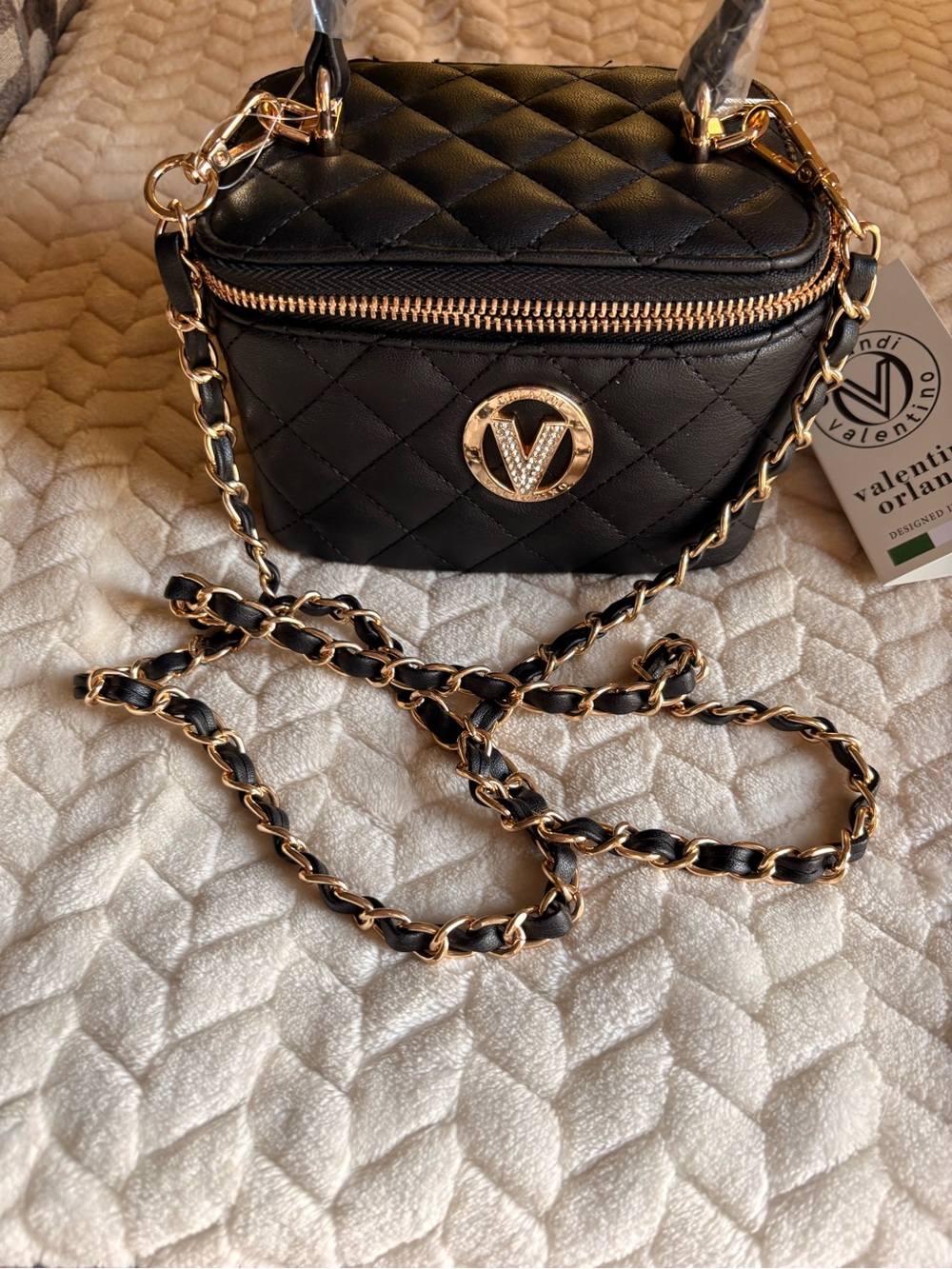 Valentino Orlandi Black Quilted Crossbody with Gold Chain and Emblem